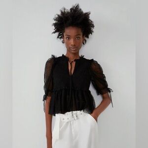 Zara Black Polka Dot Sheer Mesh Blouse with Peplum, size Small